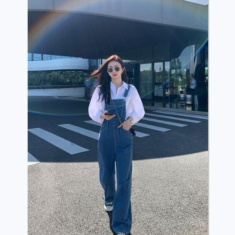 Spring and Autumn Denim Jumpsuit for Women, Age-Reducing 2026 New Korean Style Versatile Loose Wide-Leg Floor-Length Overalls
