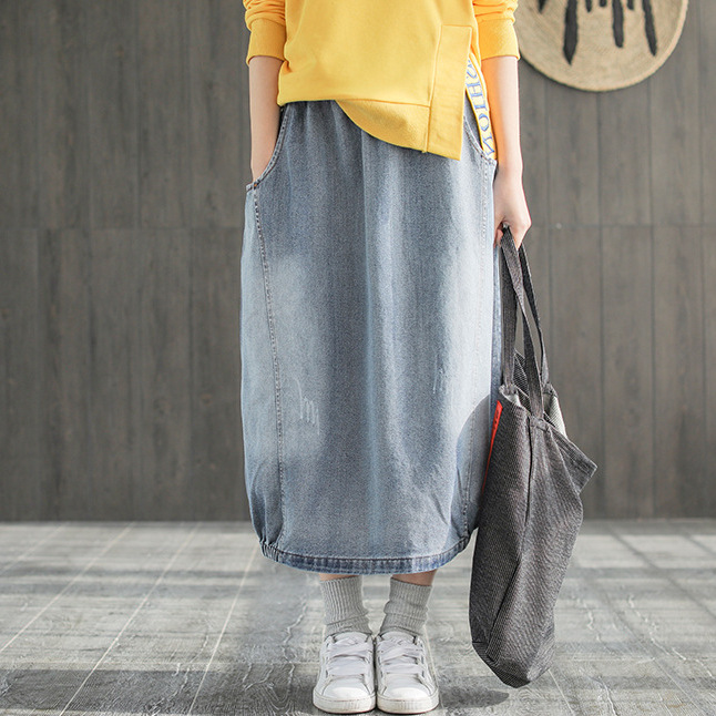 19 spring new artistic retro elastic waist washed distressed slimming denim skirt for women
