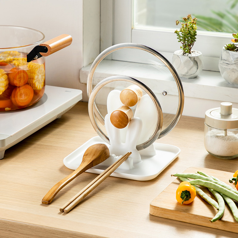 Cute Rabbit Ears Pot Lid Rack Kitchen Double Tier Cardboard Slot Drain Dish Board Storage Rack Removable Multi-purpose Pot Spoon Holder