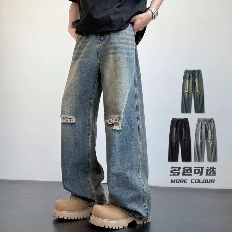 American High Street Retro Ripped Jeans for Men 2025 Summer New Wide-Leg Loose Straight-Leg Pants for Men