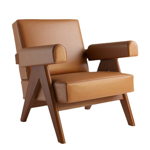 Retro solid wood single sofa chair, Chandigarh Wabi-Sabi style furniture, leisure double leather and fabric armchair