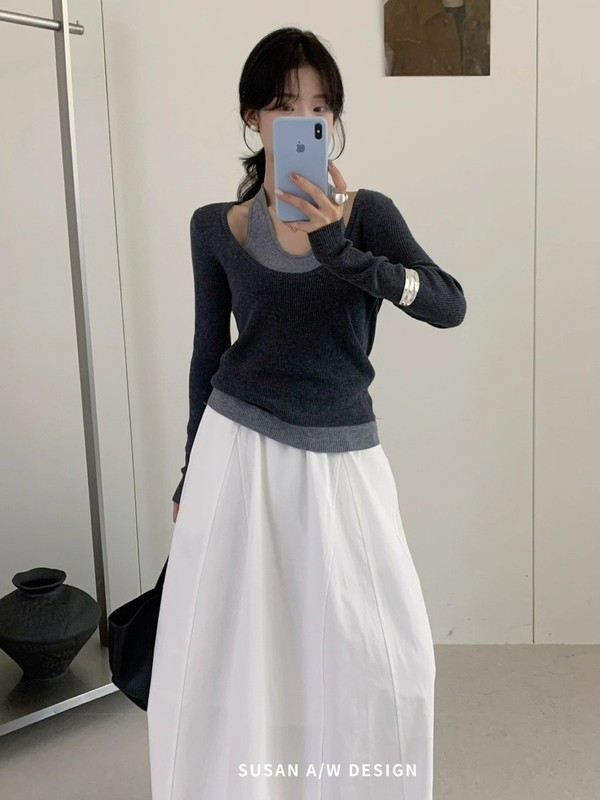 韩版简约假两件拼接挂脖针织衫女秋季2025新款显瘦别致百搭上衣潮|undefined