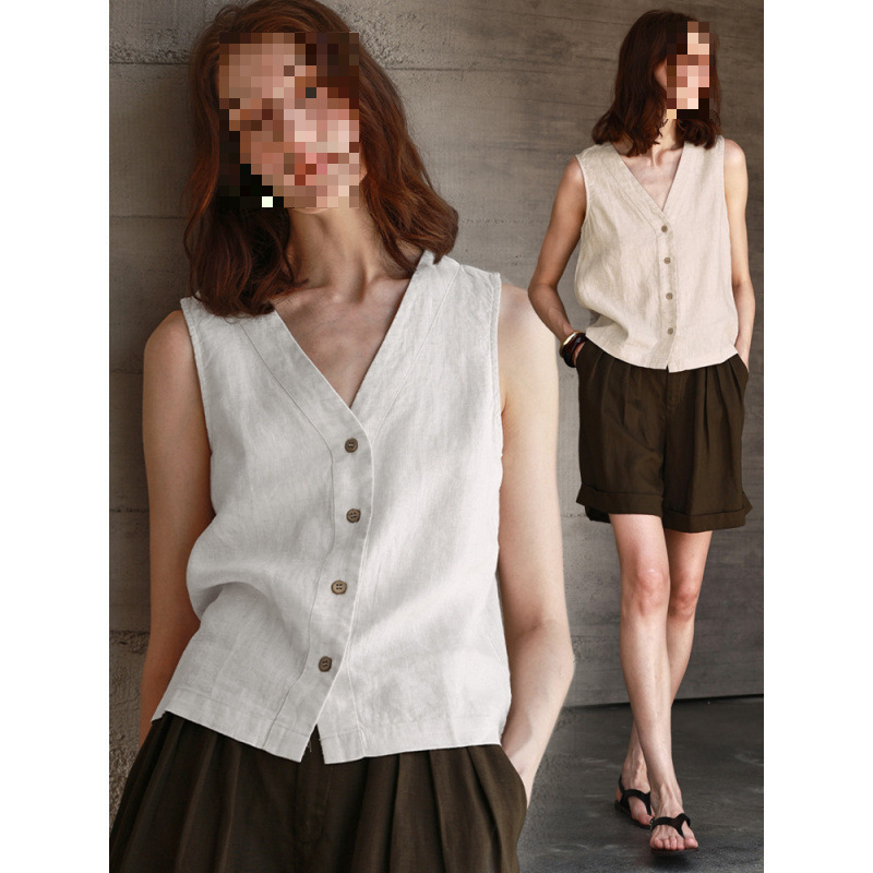 European and American Old Money Style Linen V-Neck Vest for Women, Summer Sleeveless Linen Top, Commuting Casual Tank Top