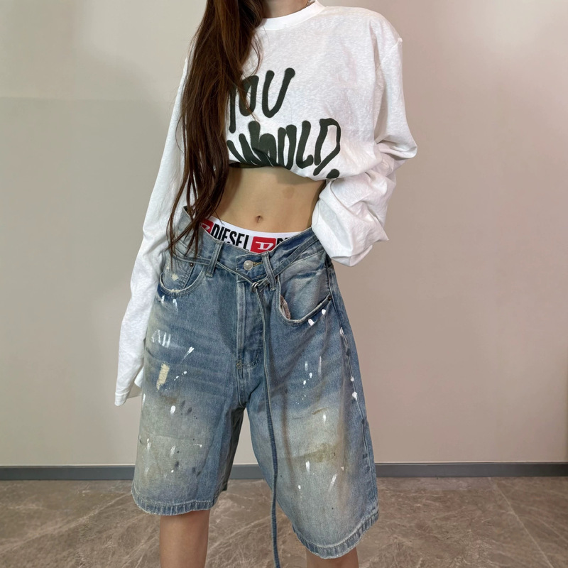 2026 High-End Version Ac Unisex Jeans Washed Vintage Splatter Ink Casual High Street Retro Shorts 2026 High-End Version Ac Unisex Jeans Washed Vintage Splatter Ink Casual High Street Retro Shorts