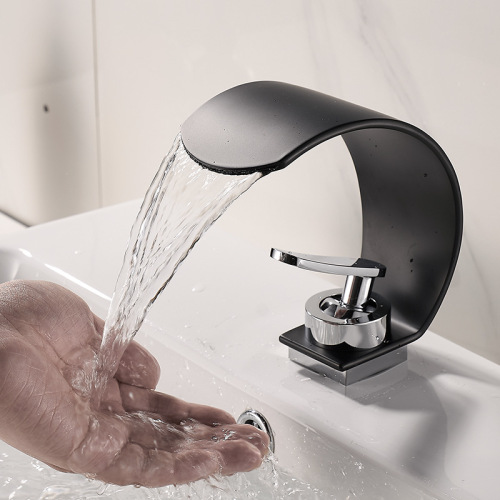 Cross-border basin waterfall faucet wide mouth full copper brushed black cold and hot water countertop basin faucet large flow