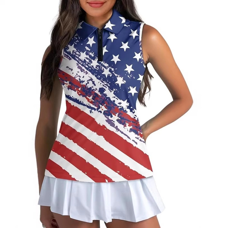 American Flag Print Cross-Border Women's Sleeveless T-Shirt Factory Direct Supply Retro Lapel Zipper Vest Top Women's Clothing