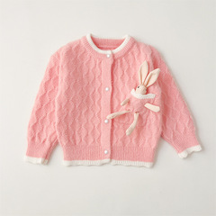 女童毛衣加厚秋冬卡通口袋兔子外套女寶寶可愛上衣洋氣毛衣開衫