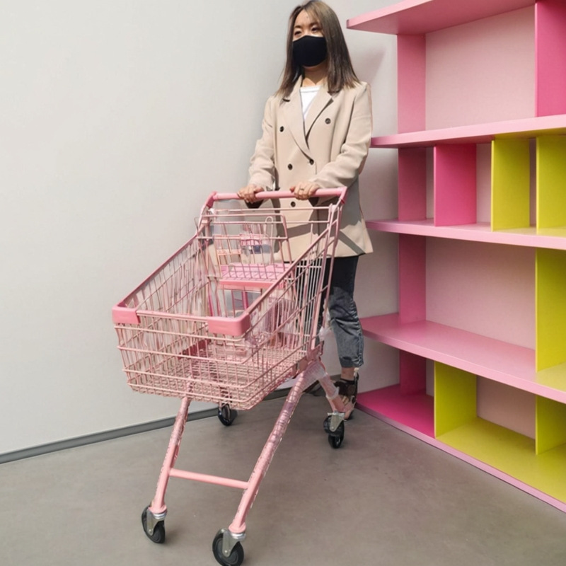 粉色超市购物车商场小推车家用买菜推车网红粉色静音万向轮手推车