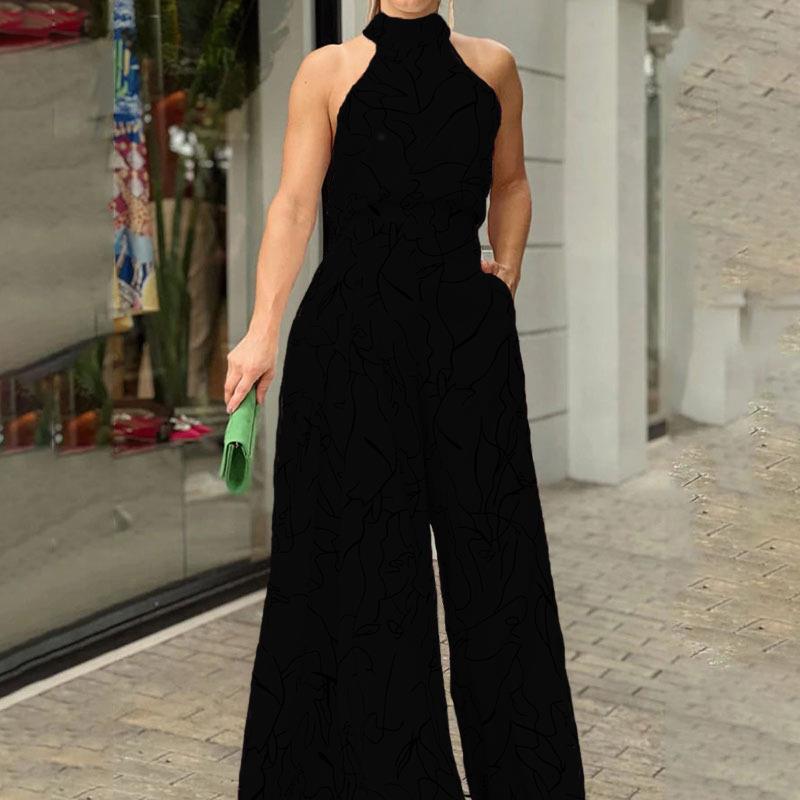 2022 verano europeo y americano ropa de mujer Amazon elegante cintura con cordones de manga larga Halter pantalones impresos mono