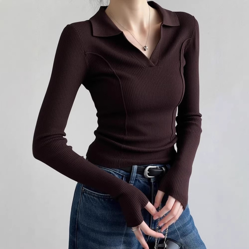 Coffee-Colored Vintage Old Money Style Polo Collar Knit Sweater for Women, Autumn and Winter Regular Style Pullover Base Layer Coffee-Colored Vintage Old Money Style Polo Collar Knit Sweater for Women, Autumn and Winter Regular Style Pullover Base Layer