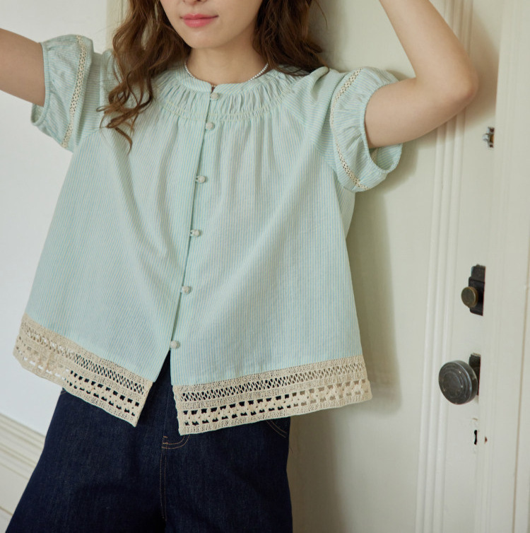 Nov Elit French Pleated Round Neck Blouse with Lace Stripes, Women's Short-Sleeved Summer Thin Top