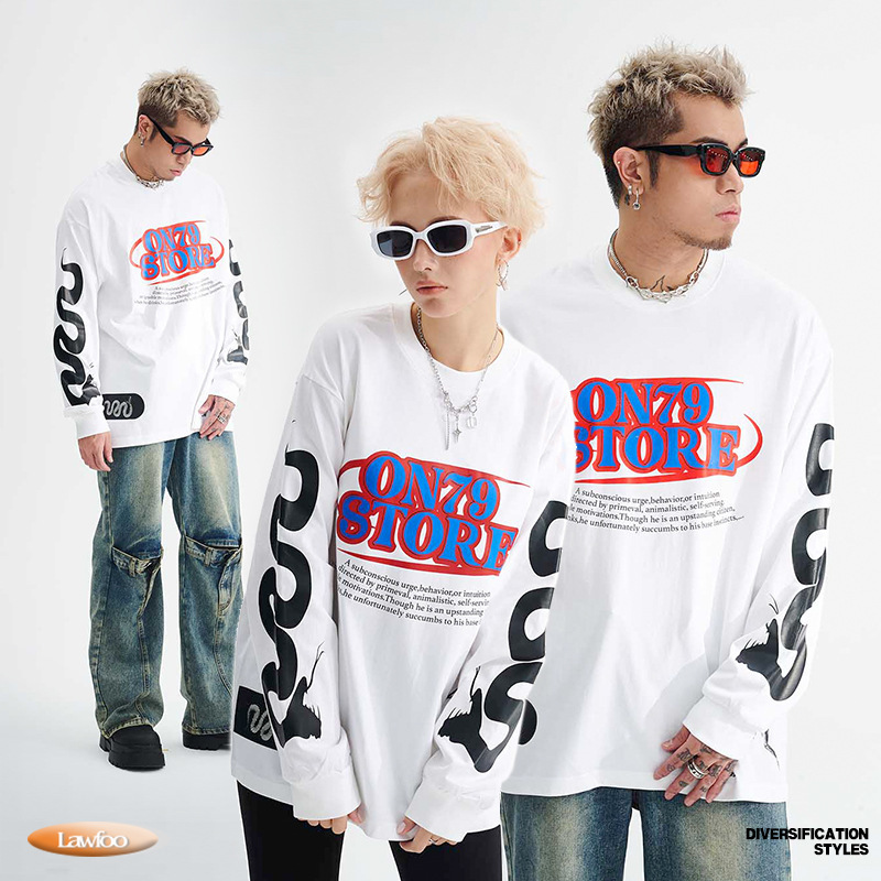 Lawfoo national fashion brand letter large printed long-sleeved T-shirt men's autumn loose American street round neck top clothes