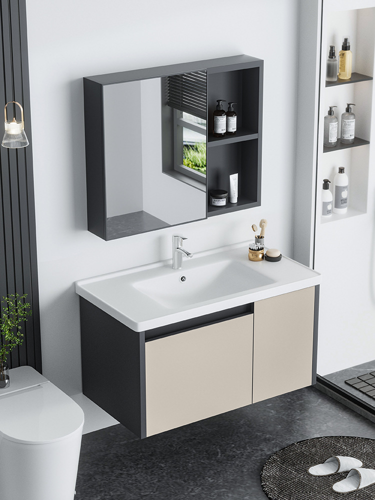 Panal de aleación de aluminio gabinete de baño combinación crema estilo baño lavado mesa de cerámica integrado inodoro lavabo