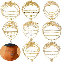 慕尚跨境新款多層腳鏈套裝女 歐美復古簡約愛心蝴蝶鎖腳鏈4件批發