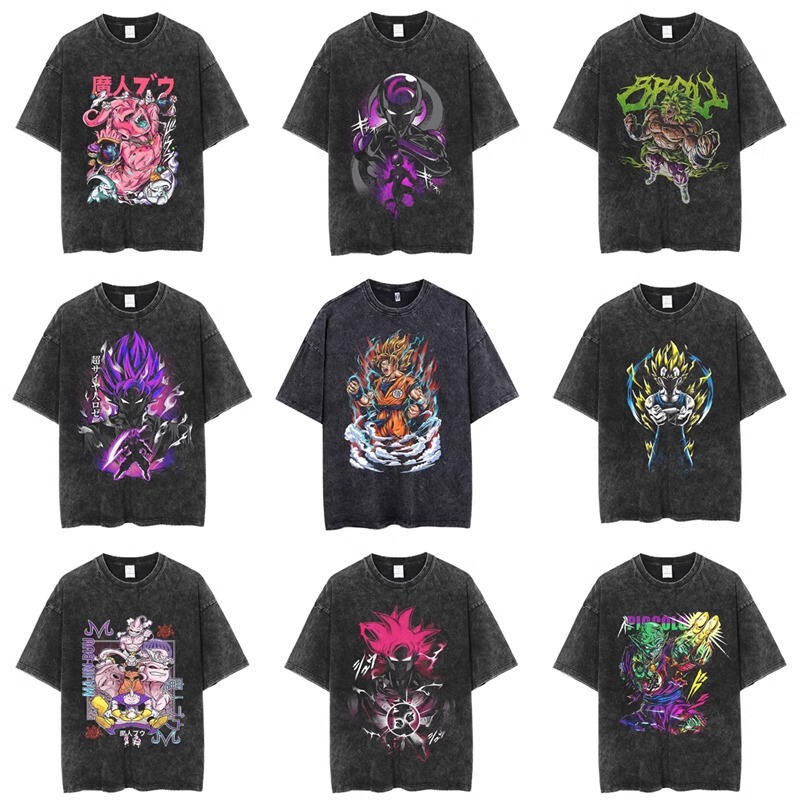 Cotton Washed Old T-shirt Men's Dragon Ball Wukong Summer Cartoon Casual Loose Round Neck Printed Retro Half Sleeve
