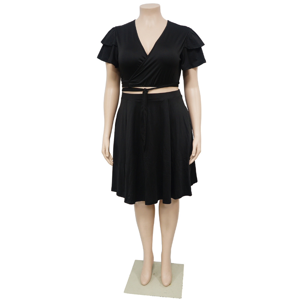 385g Weight Short Sleeve Sleeve Length Spandex Fabric Type Skirt Co-ord Set Sets Type 2 Pieces Set Quantity Daily Occasion V Neck Neckline Regular Fit Fit Type Solid Color Pattern Summer Season Pleated Design Casual Style Daily Casual Solid Color Spandex Pleated Skirt Co-ord Set Plus Size Two-piece Sets 1