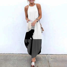 跨境新款夏季女装猫咪图挂脖吊带裙下摆不规则开叉长裙印花连衣裙