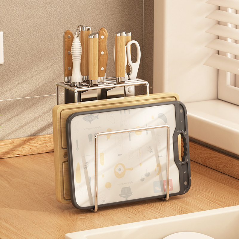 304 stainless steel knife rack storage rack kitchen knife rack table knife chopsticks chopping board integrated rack installation-free storage rack