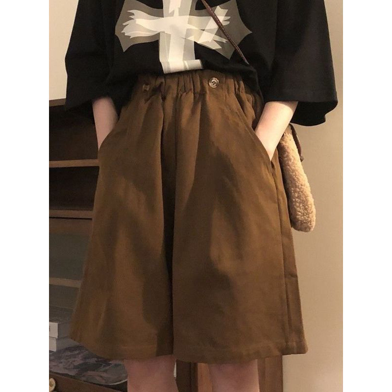 Vintage Brown Workwear Pants Casual Suit Shorts for Women, Summer Thin Loose Wide-Leg Knee-Length Straight Pants