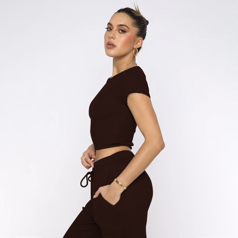Spring Summer Solid Color Waffle round Neck Short Sleeve Women Clothing Casual Trousers Sets