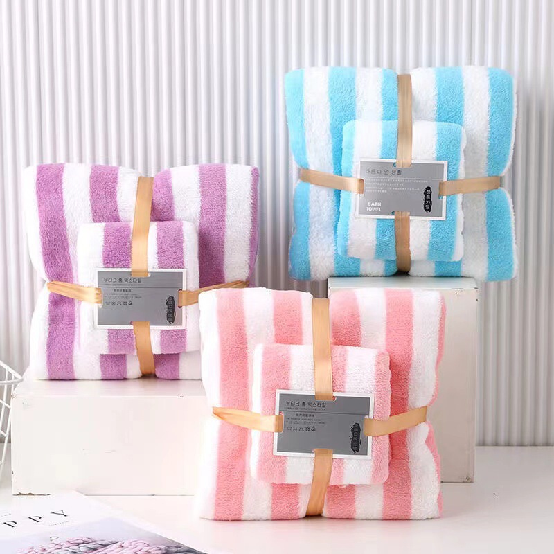Bath Towel and Hand Towel Two-Piece Set, Colorful Wide-Striped Coral Fleece Absorbent Towel Set, Gift Box Packaging, Thickened Warm Fleece