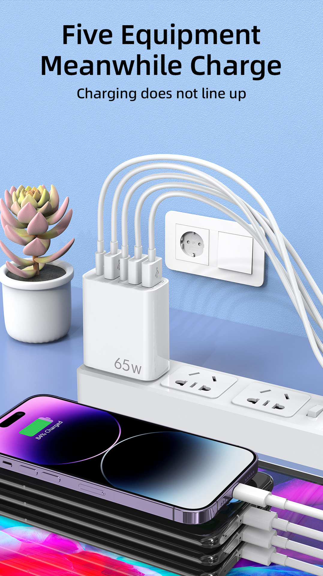 European multi mobile phone charger with dual circuit fast charging head 3USB+2C port, American standard five port_voghion.com