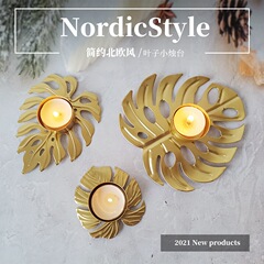 嚴選跨境創意金色葉子鐵藝蠟燭台鏤空燭光晚餐燭台家居飾品擺件