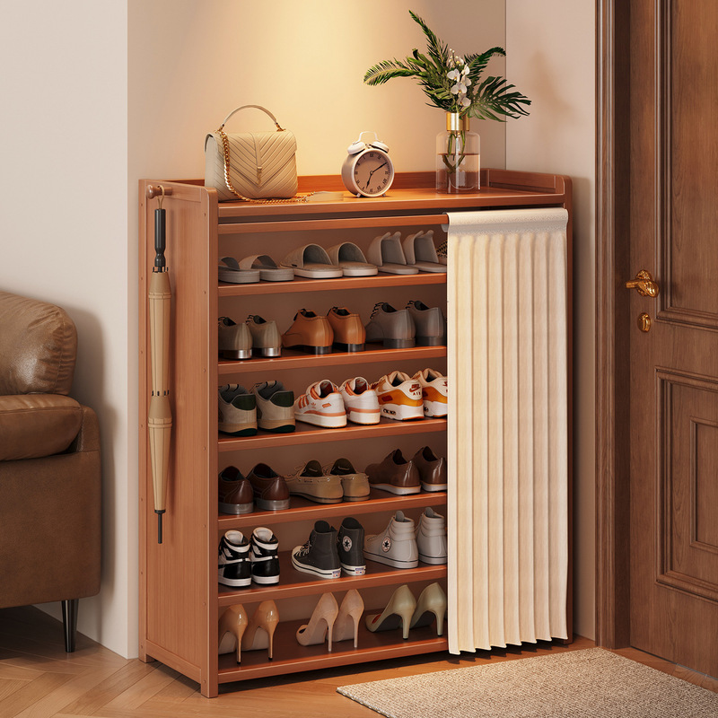 Simple Shoe Rack Made of Bamboo, Multi-Layer, Multi-Functional, for Home Use at the Entrance, with a Dust-Proof Curtain, Shoe Storage Cabinet