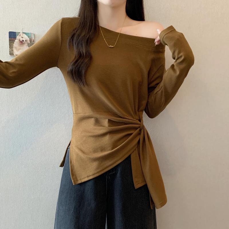 大码女装2025秋季新款不规则设计感收腰条纹甜辣长袖恤2176黑色|undefined