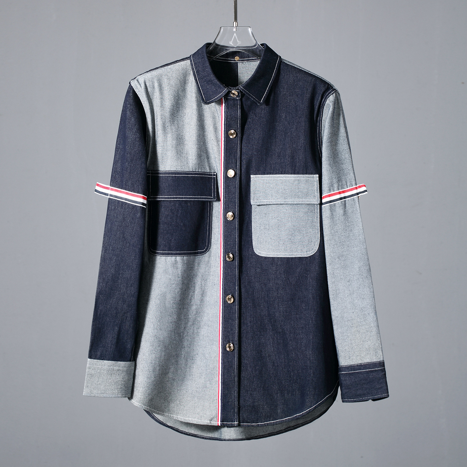 Vintage Wide-fit Patchwork Denim Shirt For Men Double Sleeve Ribbon_voghion.com