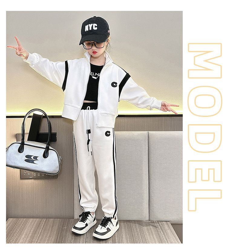 Girls' Auumn Baseball Sui Se 2023 New Mid o Big Kids Fashion Long Sleeve Coa Sraigh Tube Pans Two Piece_voghion.com