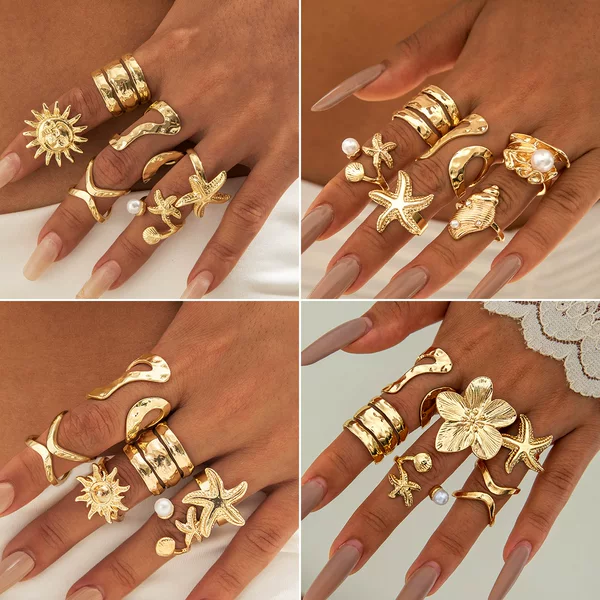 Yongge Jewelry Bohemian Pearl Ring Flower Ring Set Alloy Craft Metal Ring Set