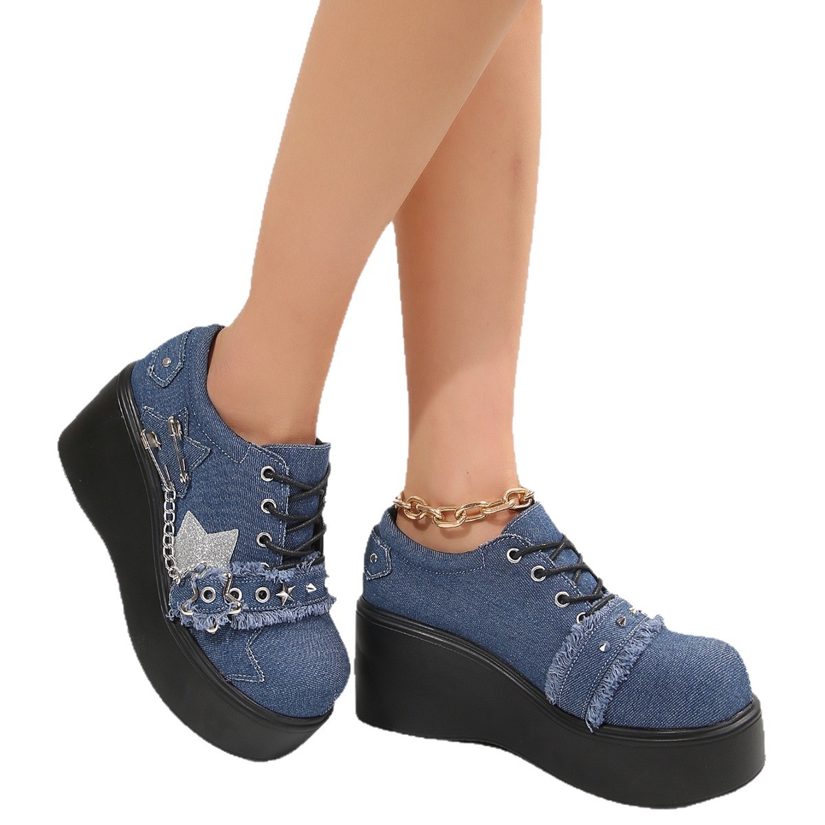 Women's plus Size Platform Wedge Shoes Denim round Toe Rivet JK Mary Jane Spring New Style_voghion.com