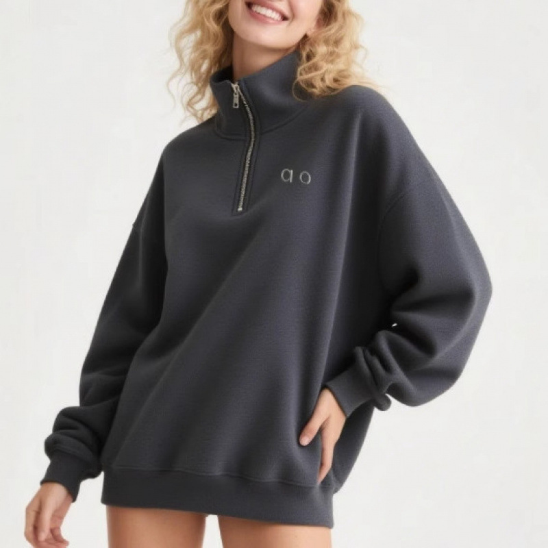 Alo New Quarter Zipper Mid-Length Sweatshirt Long-Sleeved Loose and Comfortable V-Neck Letter Pullover Same Style for Men and Women for Couples