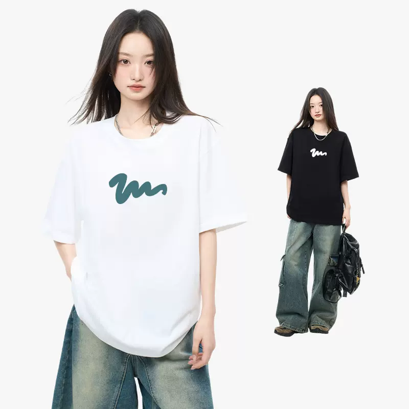 网红同款重磅纯棉字母t恤女夏季中长款宽松微落肩显瘦短袖上衣潮