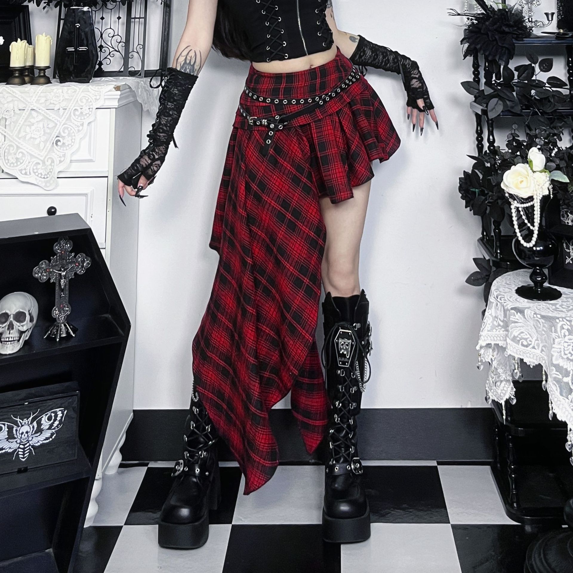 Cf25323 New Irregular Plaid Skirt European and American Style Hot Girl Slim Fit Easiest for Match Dark Style Hip Skirt