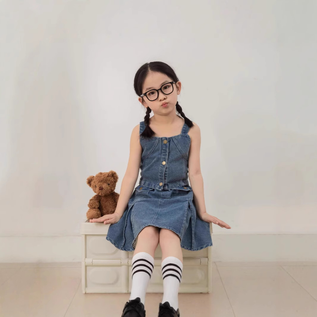 Girls' Single-Breasted Camisole Short Skirt Denim Two-Piece Set 2025 Summer Outfit Wholesale Trendy Girls' Set