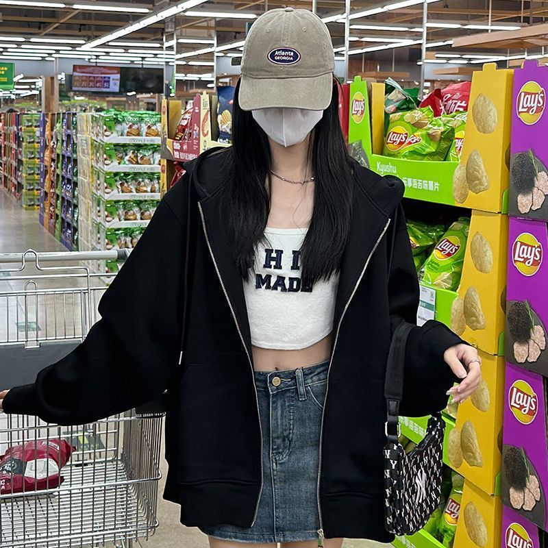 美式复古重磅连帽卫衣女春秋oversize薄款外套宽松慵懒风开衫上衣|undefined