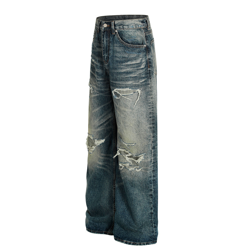 Dc+Z029 American-Style Distressed Ripped Dirty Jeans Washed Blue Wide-Leg Curved Baggy Casual Jeans for Men Dc+Z029 American-Style Distressed Ripped Dirty Jeans Washed Blue Wide-Leg Curved Baggy Casual Jeans for Men