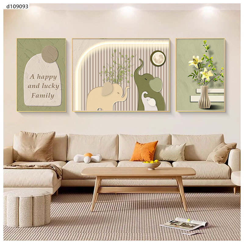 Xiangzi Ruyi Living Room Decor Elephant Green Plant Sofa Background Wall Art Fresh and Warm Small Elephant Triptych