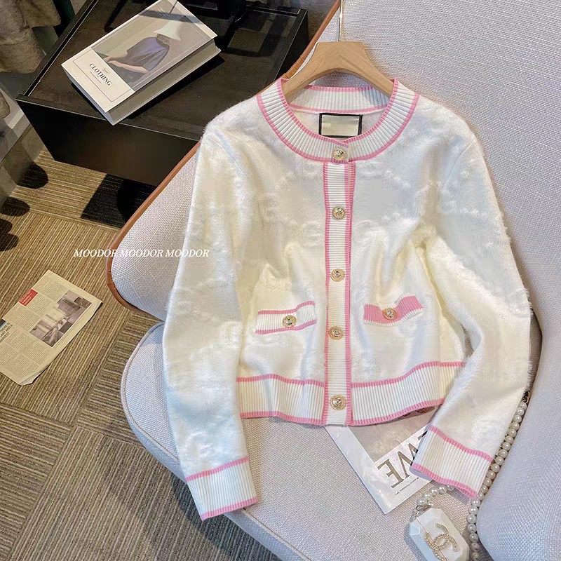 2025 New Socialite Slim-fit Long-sleeved Knitted Cardigan Age-reducing Contrast Color Single-breasted G-word Jacquard Sweater for Women