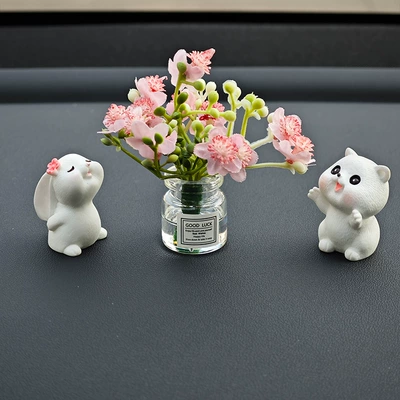 Car ornaments, car cute rabbit center console - pink-peach-blossom-bottle-smell-flower-rabbit-hug-gray-cat