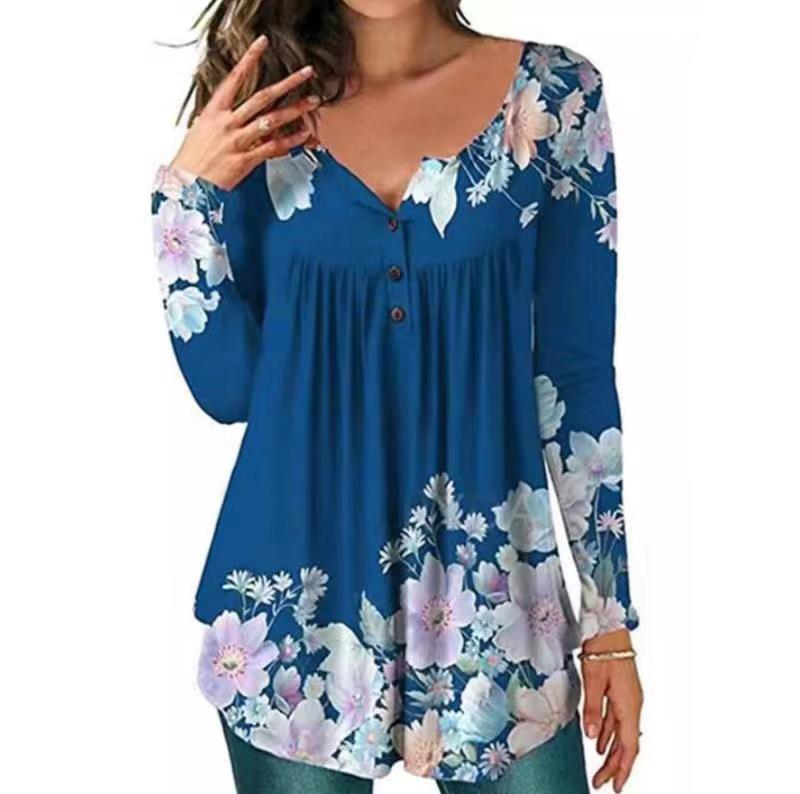 Women's autumn new slim round neck button pattern T-shirt_voghion.com