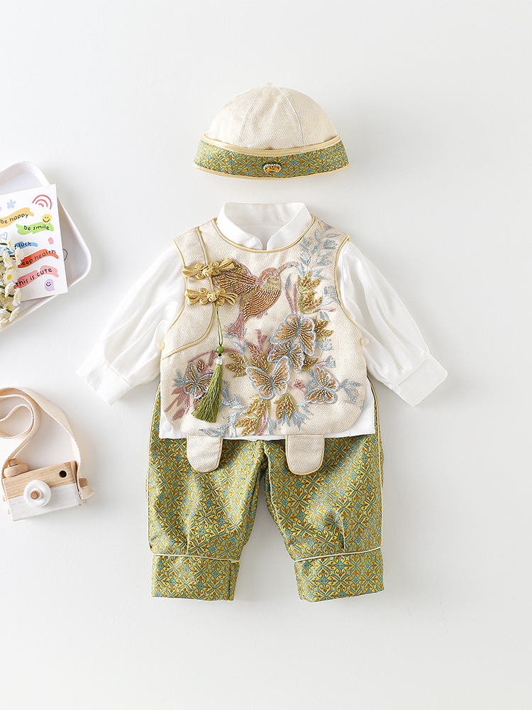 Primavera y otoño ropa de bebés estilo chino 100 días vestido de aniversario de bebés conjunto dividido para bebés pequeños Tang traje Hanfu captura semana