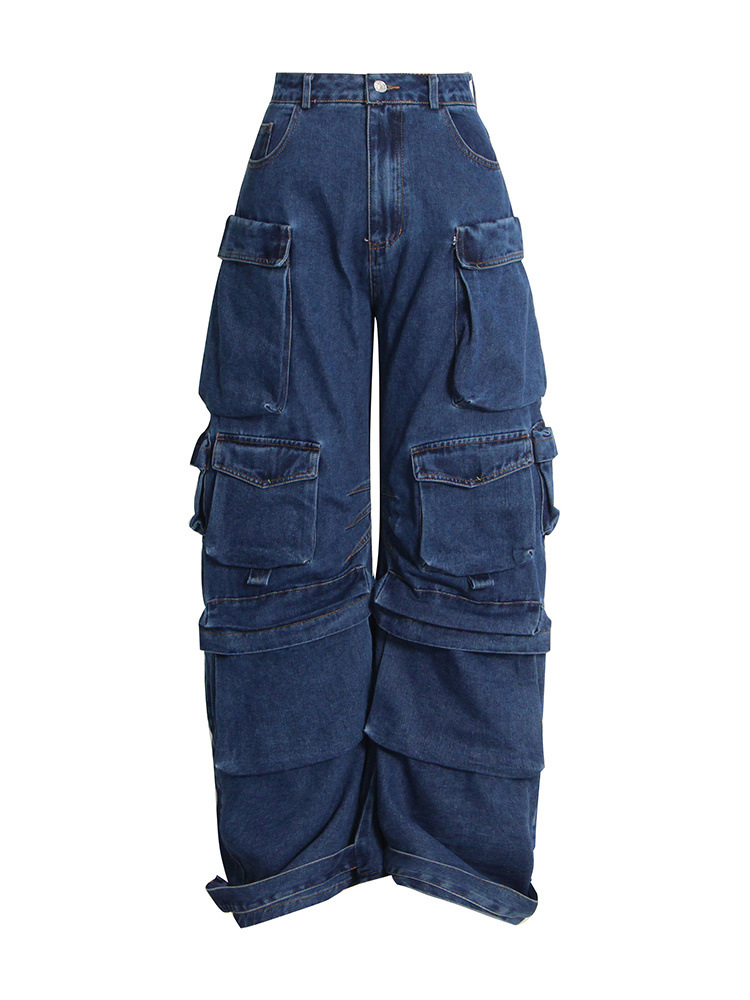 Pantalones de estilo de herramientas de moda 2025 verano nuevo estilo costura diseño de bolsillo de alta calidad cintura alta pantalones vaqueros delgados mujeres