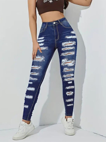 Spring and Autumn New Style Frayed Fashion Elastic Mini Foot Long Pants for Women High-Waist Slimming Print Denim