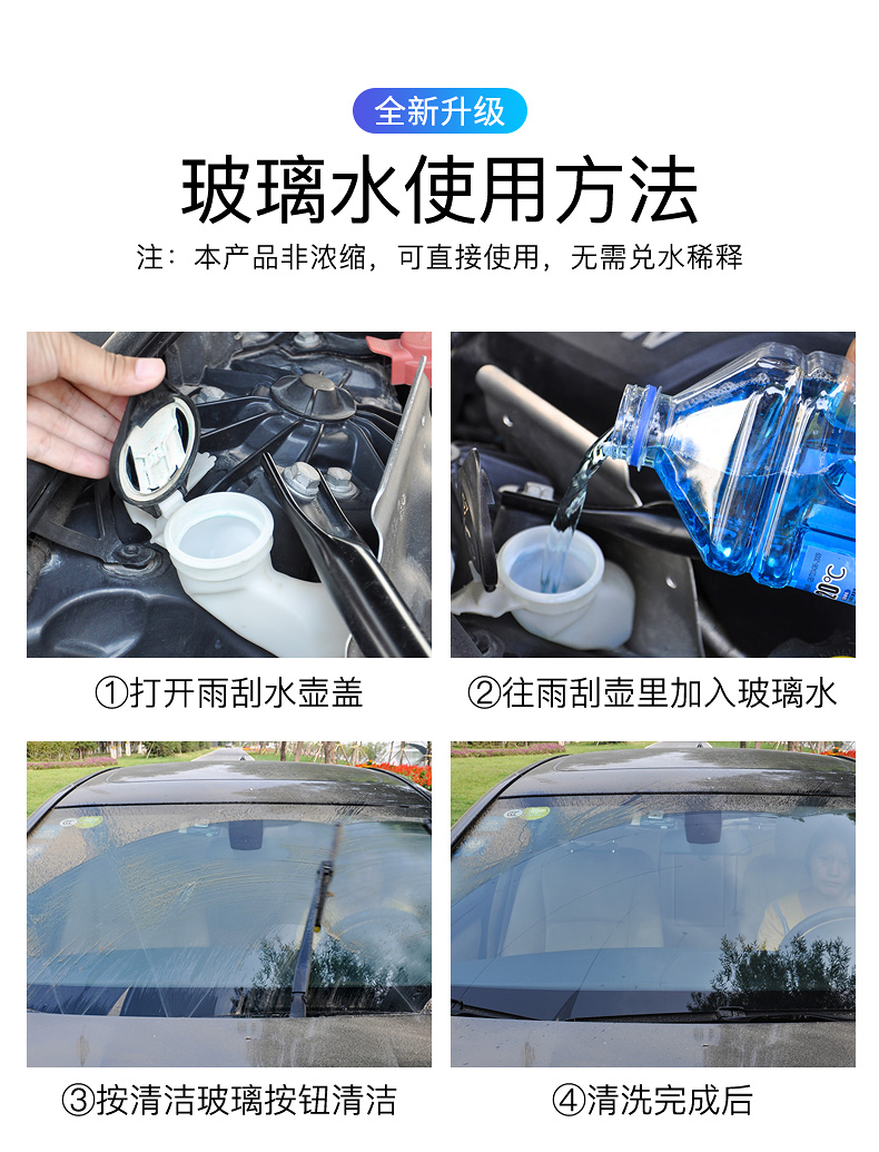 Glass cleaner, car antifreeze, all-season degreasing cleaner for use in the car, large container, removes insect residue, for windshield wipers