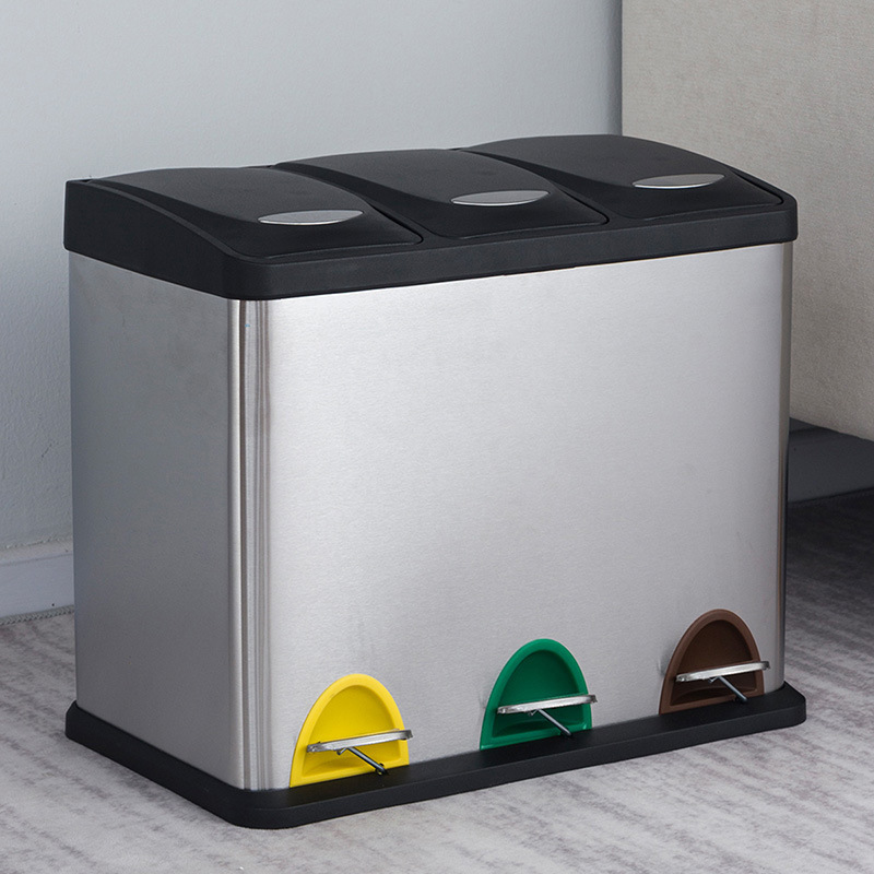 Cubo de basura silencioso con pedal para uso doméstico y comercial, con dos o tres compartimentos para la clasificación de residuos, adecuado para el hogar y la oficina, con pedal de descenso lento para la clasificación de residuos de forma ecológica.