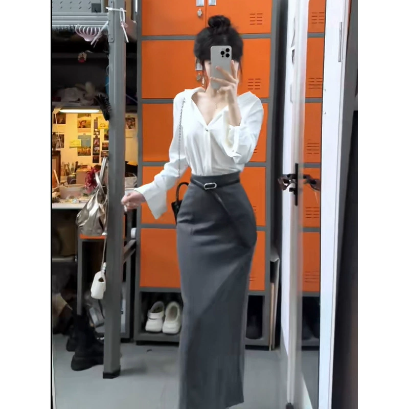 Женский костюм «Чистая страсть», модный комплект из двух предметов: рубашка с длинным рукавом и юбка-карандаш с высокой талией, весна 2025 года.