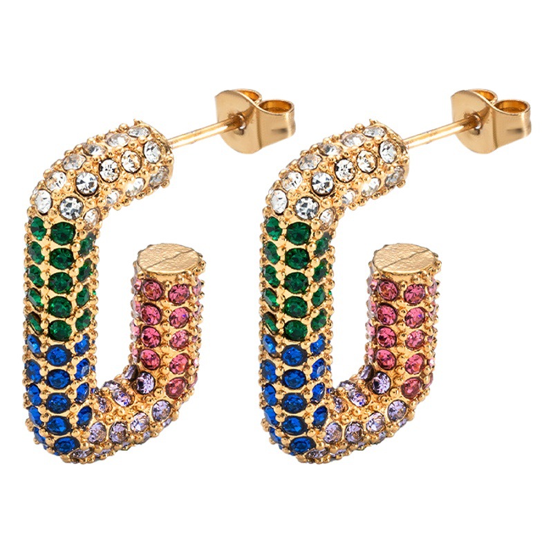 Cross-border nuevo diamante de color de acero inoxidable pendientes elegantes personalizados europeos y americanos retro de lujo 18K chapado en oro de la joyería de las mujeres